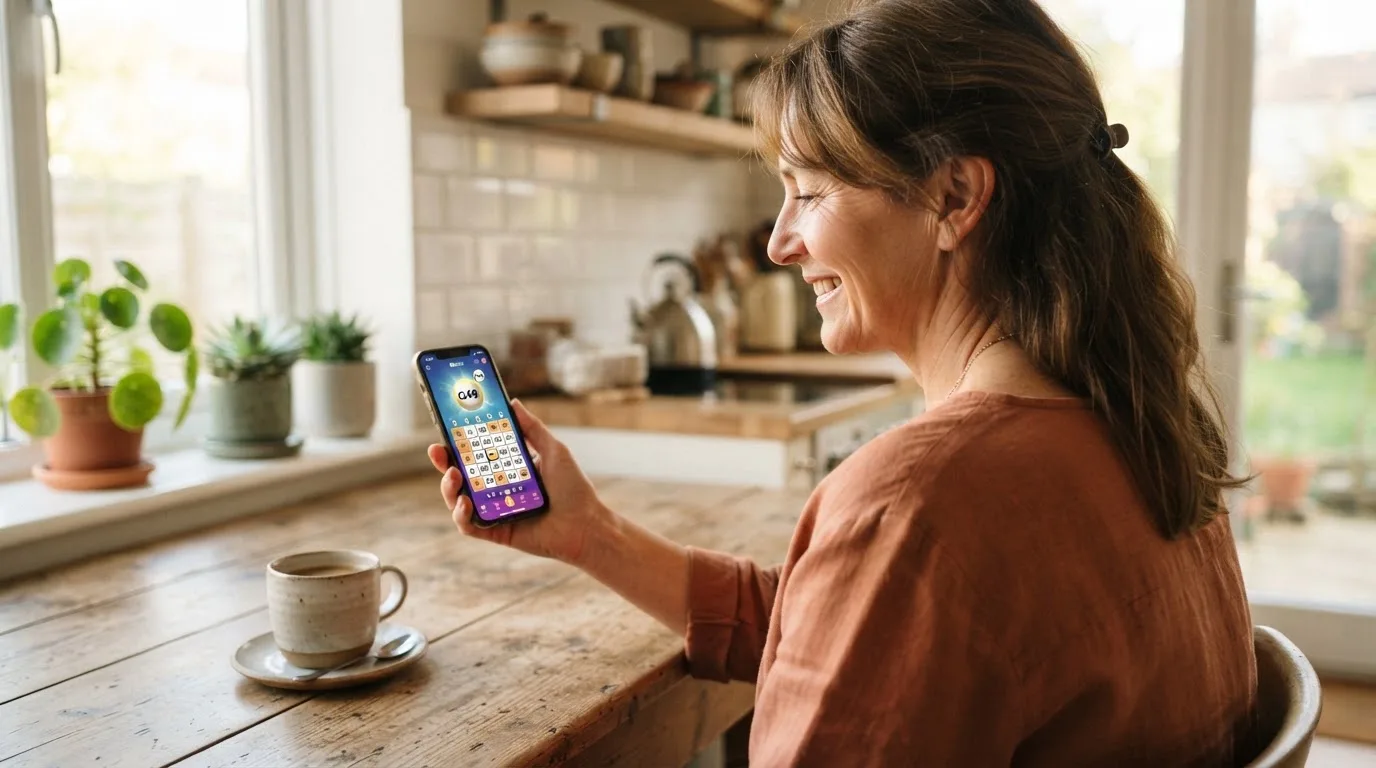 Mujer adulta sonríe mientras sostiene un teléfono móvil sentada en la cocina de su casa por la mañana.