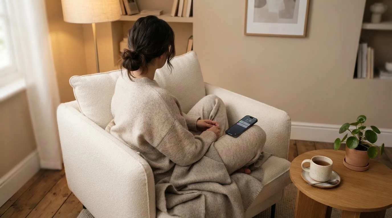 Persona sentada en un sillón cómodo consultando un teléfono móvil con una manta sobre las piernas en una sala tranquila.
