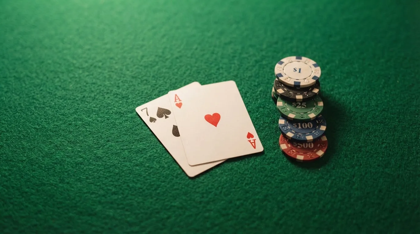 Vista cenital de una baraja de cartas y fichas de casino apiladas sobre una mesa de fieltro verde.