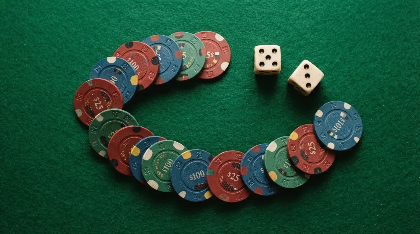 Vista cenital de fichas de casino y dados sobre una mesa de fieltro verde bajo luz suave.