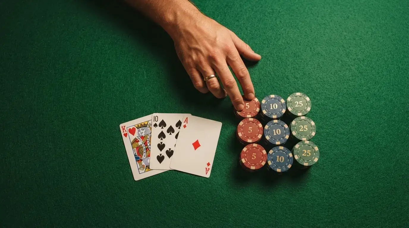 Vista cenital de fichas doradas y una baraja de cartas sobre una mesa de fieltro verde.