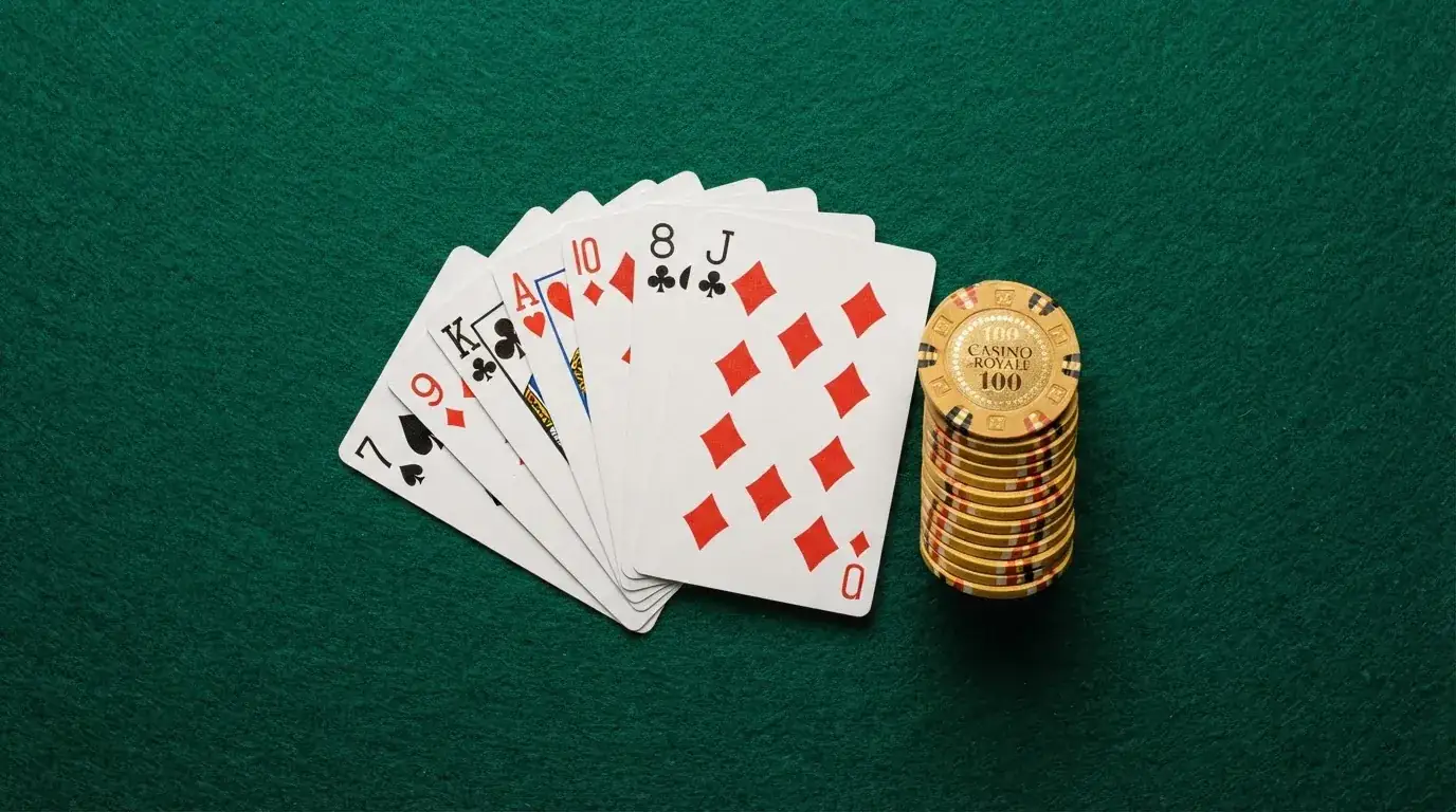 Vista cenital de fichas doradas y una baraja de cartas sobre una mesa de fieltro verde.