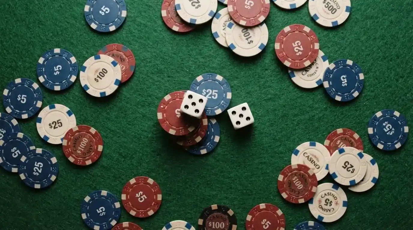 Vista cenital de fichas de casino y dados sobre una mesa de fieltro verde bajo luz suave.