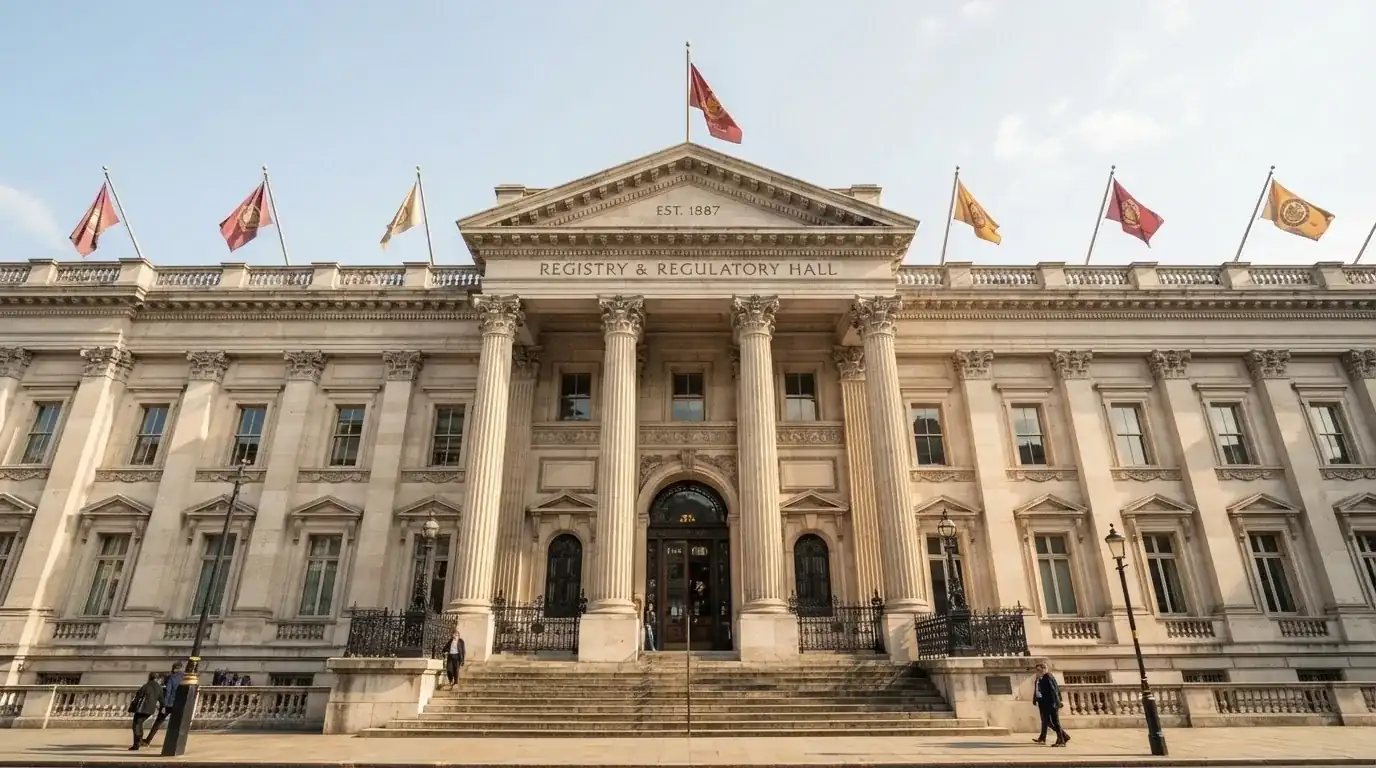 Fachada de un edificio institucional con columnas y banderas ondeando bajo un cielo despejado.