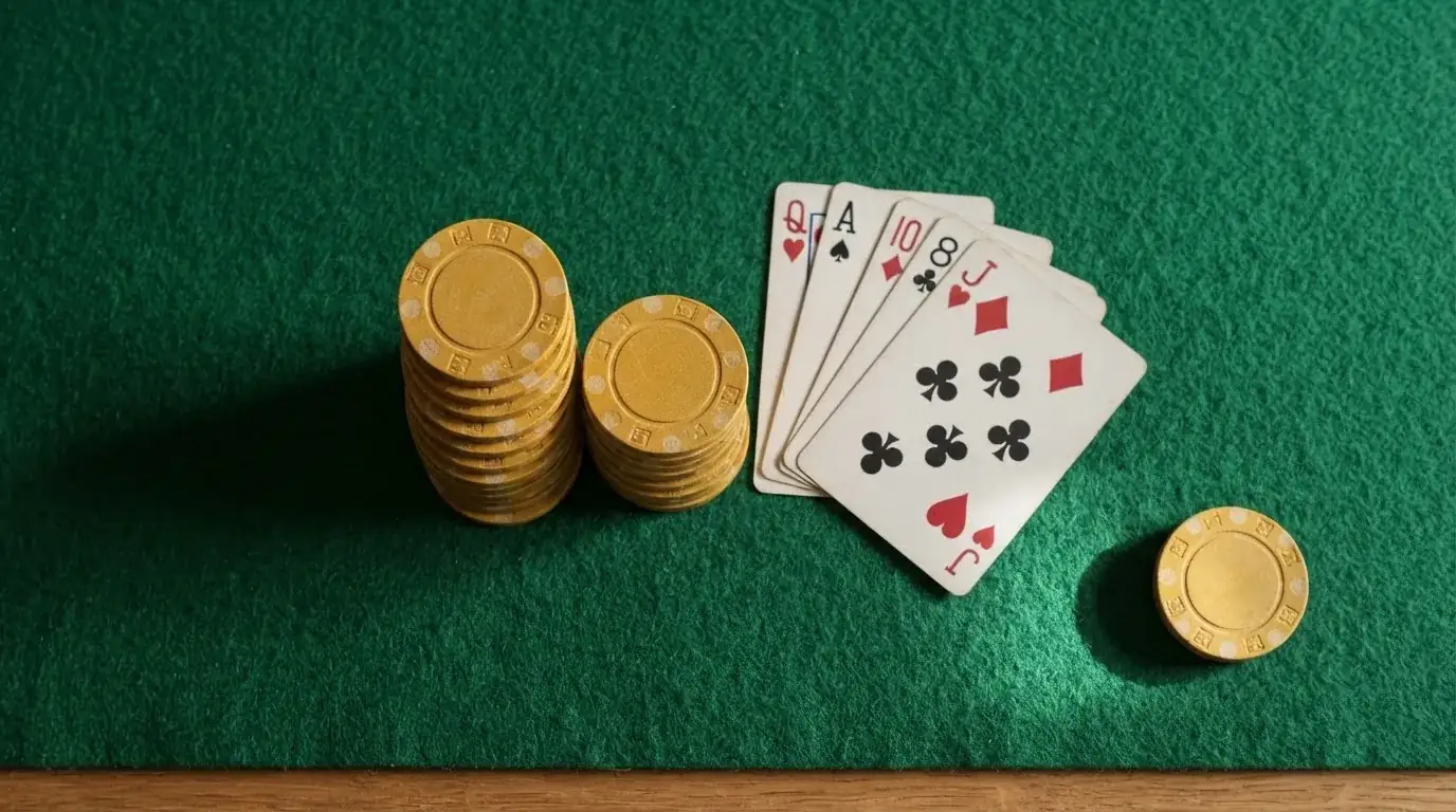 Vista cenital de fichas doradas y una baraja de cartas sobre una mesa de fieltro verde.