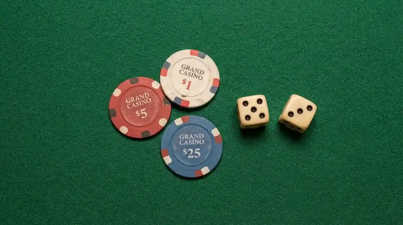Vista cenital de fichas de casino y dados sobre una mesa de fieltro verde bajo luz suave.