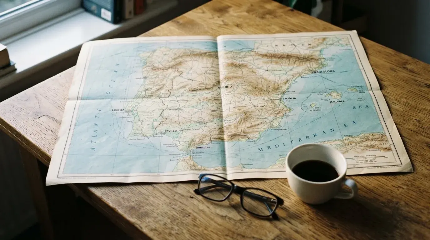 Un mapa físico de España sobre una mesa de madera junto a una taza de café y unas gafas, con luz natural entrando por una ventana.
