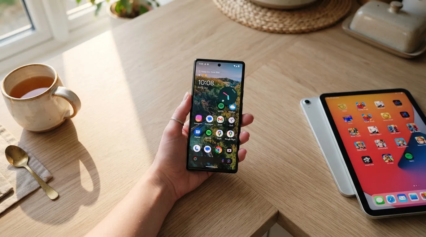 Una mano sostiene un teléfono móvil mientras otra persona mira una tableta apoyada sobre una mesa de cocina por la mañana.