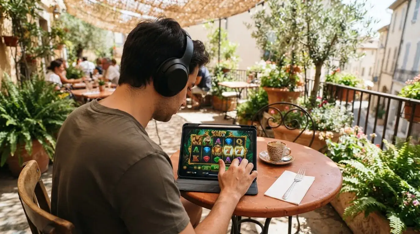 Una persona con auriculares revisa una lista en una tableta apoyada sobre una mesa de café en una terraza soleada.