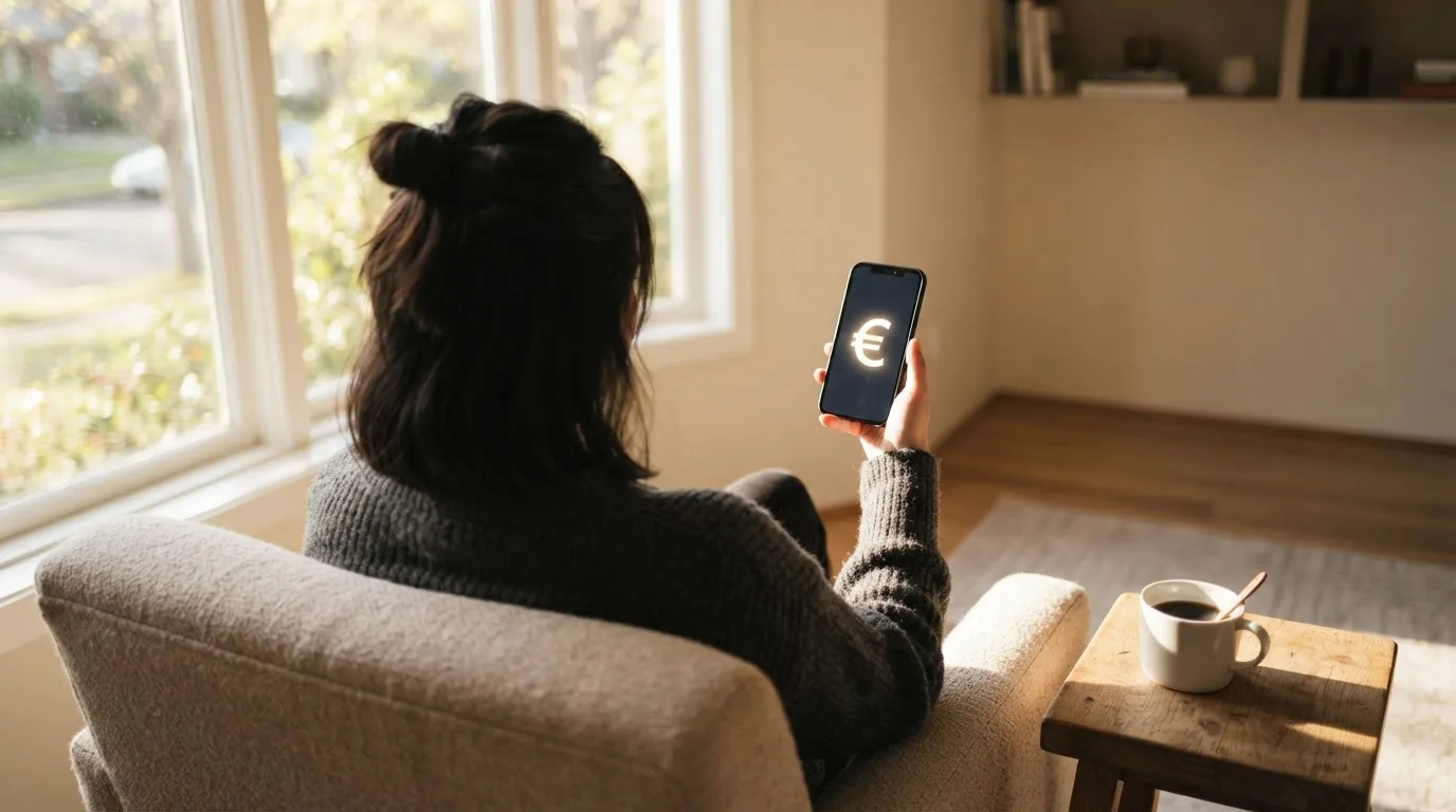 Una persona sostiene una taza de café mientras mira un teléfono móvil sentada junto a una ventana con luz de mañana.