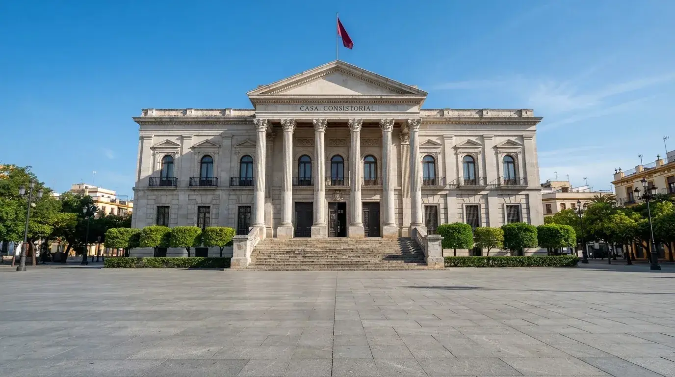 Un edificio institucional de piedra con columnas clásicas bajo un cielo despejado en una plaza amplia.