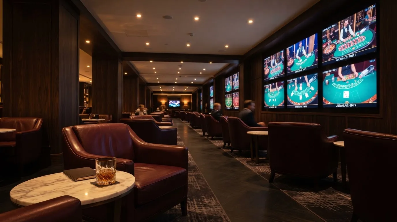 Fotografía de un salón de casino moderno con pantallas de transmisión en directo y sillones cómodos, ambiente cálido y profesional.