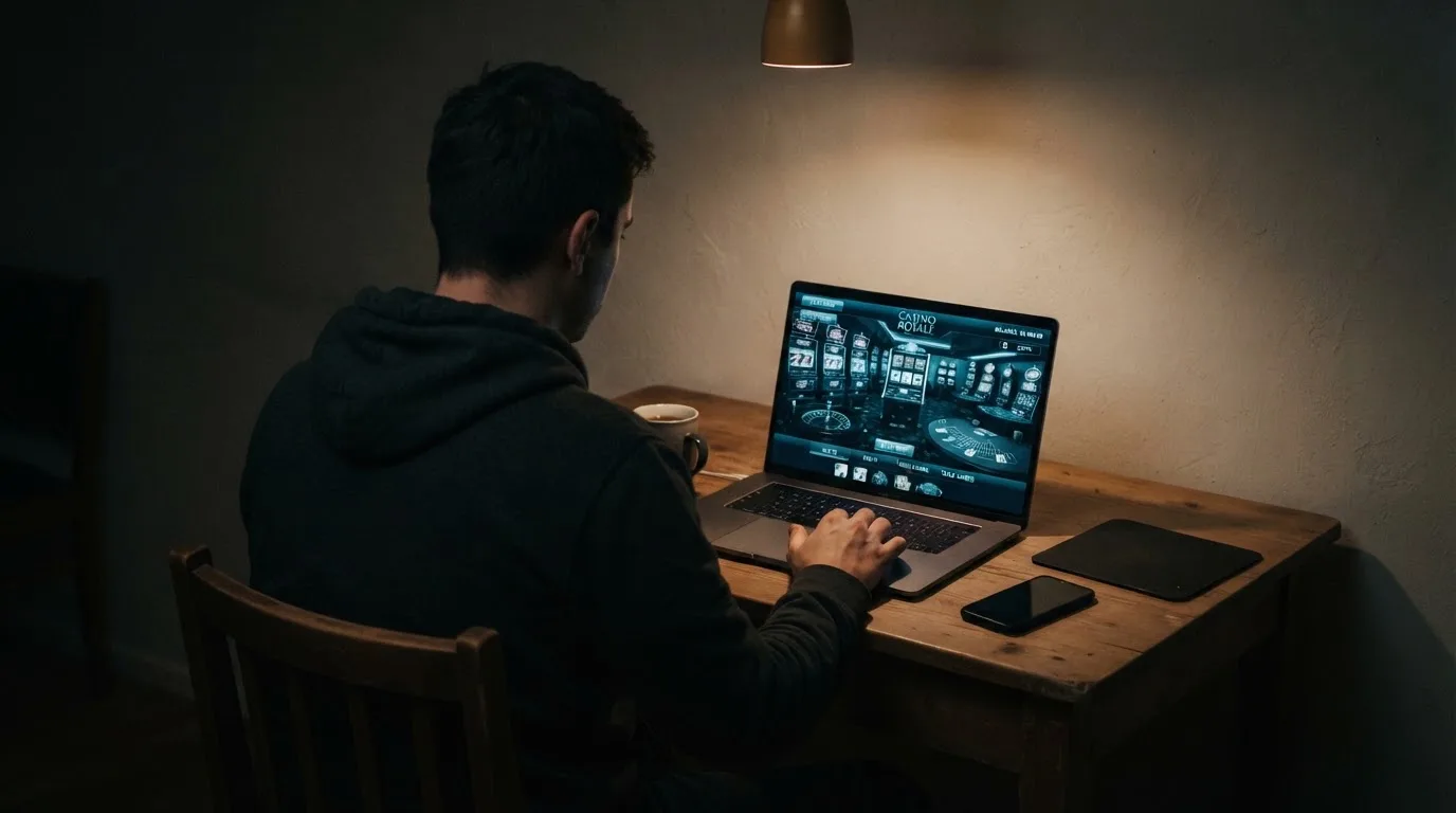 Fotografía de una persona con capucha usando un portátil en una habitación oscura, transmitiendo la idea de anonimato en línea.