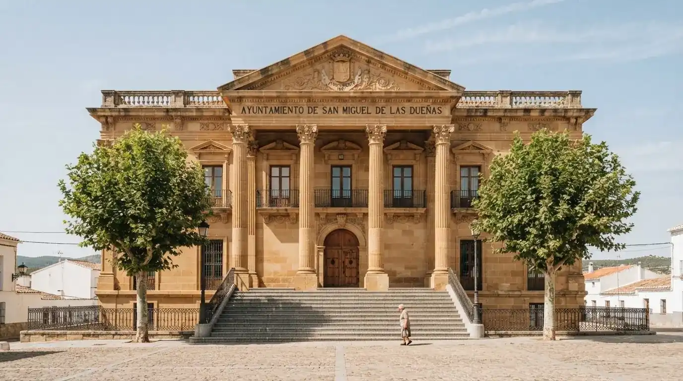 Fotografía de la fachada de un edificio institucional español con columnas clásicas bajo un cielo despejado.