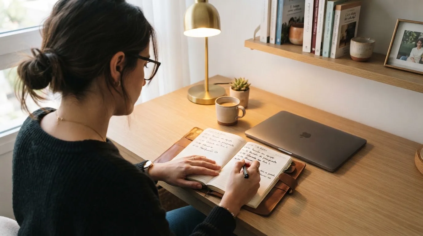Una mujer con gafas revisa su agenda en un escritorio de oficina moderna con estanterías al fondo.