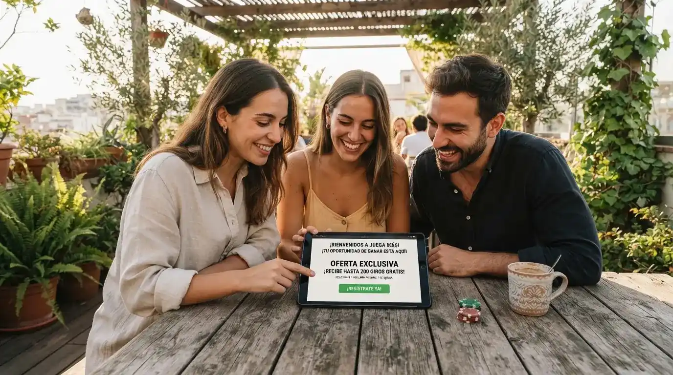 Un grupo de amigos revisa algo en una tableta sobre una mesa de madera en una terraza al aire libre.