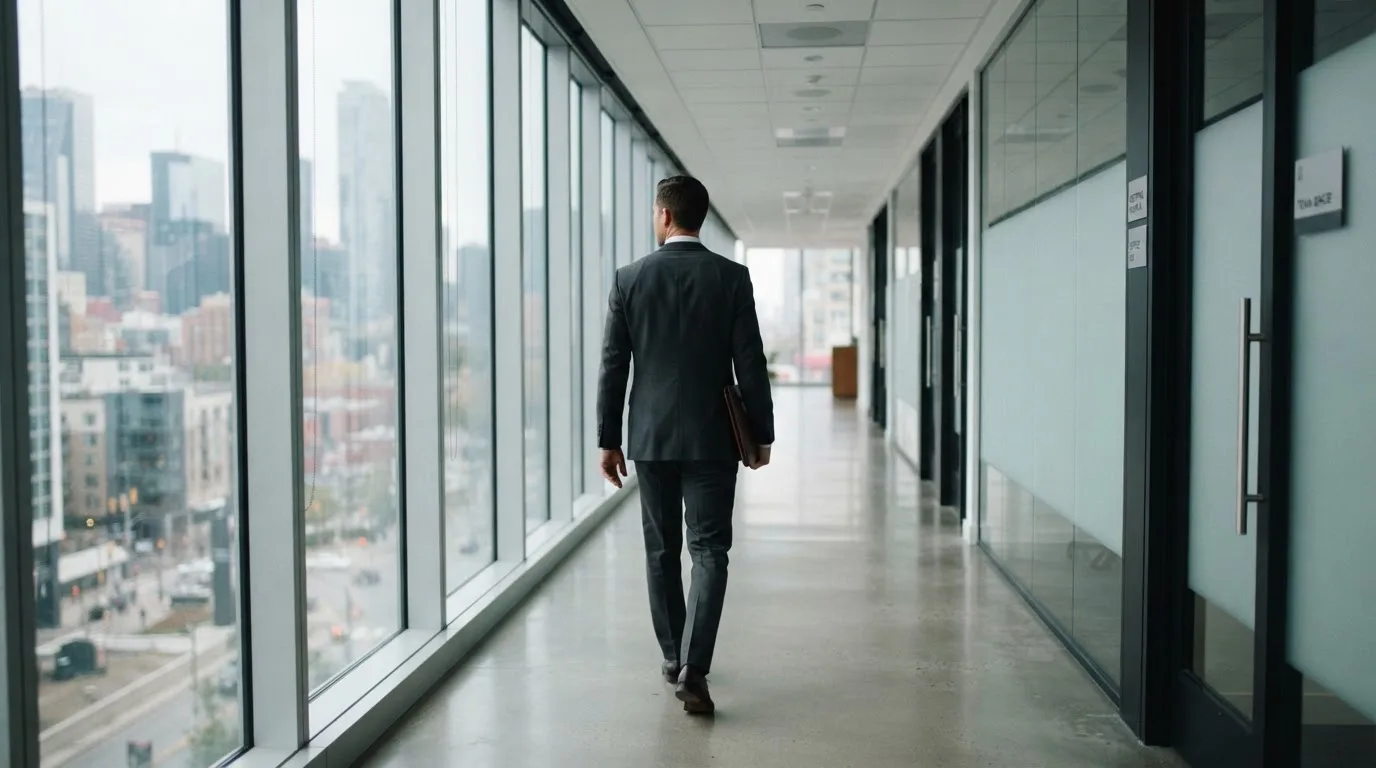 Un hombre con traje camina por el pasillo de un edificio de oficinas moderno con grandes ventanales.