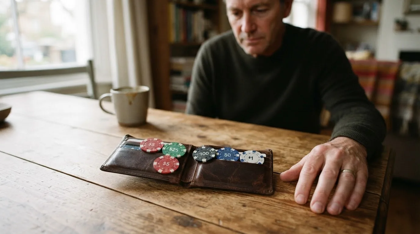 Un hombre revisa su cartera con tarjetas y monedas sobre una mesa de madera en casa.