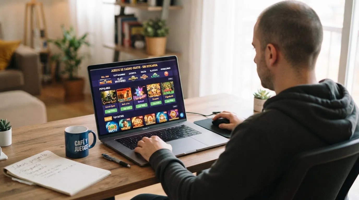 Un hombre explora distintos juegos gratuitos de casino en la pantalla de su ordenador portátil, sentado en su escritorio.