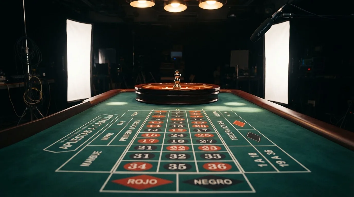 Una mesa de ruleta en vivo vacía momentos antes de empezar la retransmisión, con luces de estudio profesional encendidas.