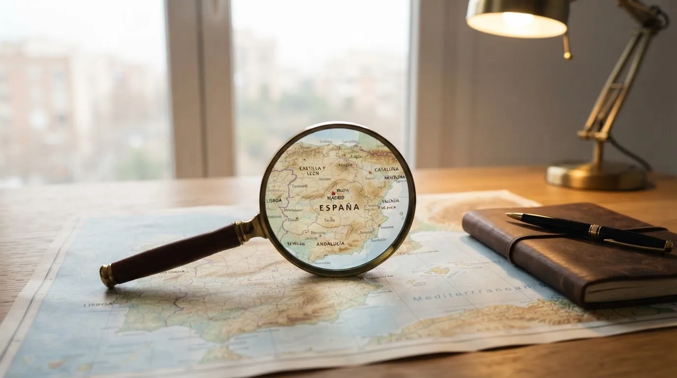 Una lupa sobre un mapa de España iluminado en un escritorio de oficina, con una ventana al fondo desenfocada.