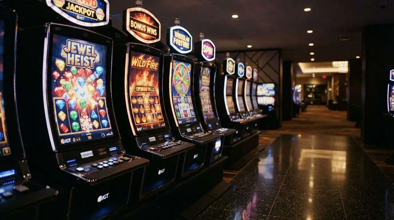 Una hilera de máquinas tragaperras modernas con luces de colores encendidas, fotografiada en un pasillo de casino vacío.