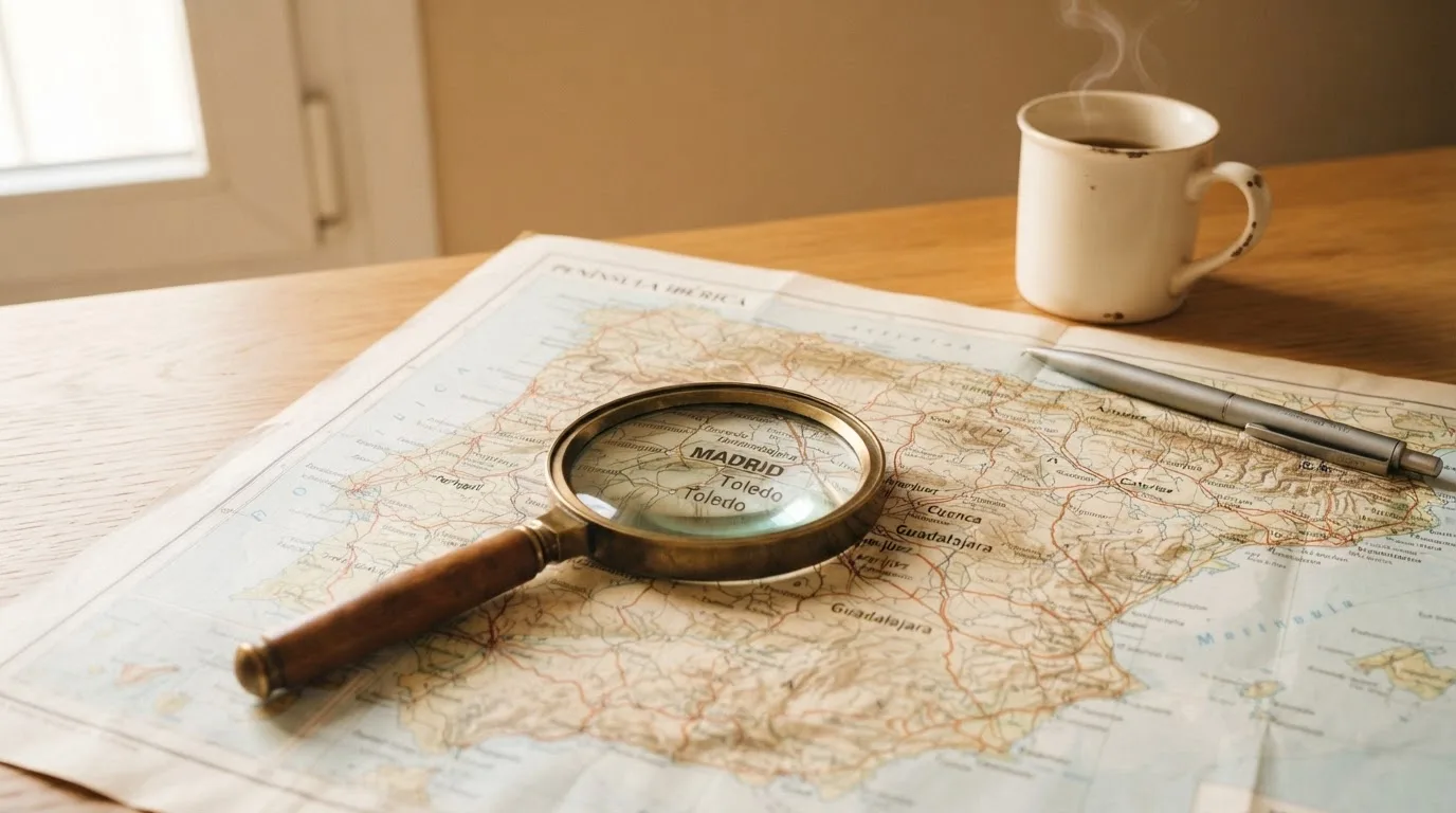 Una lupa sobre un mapa de España colocado en un escritorio de madera junto a una taza de café humeante.