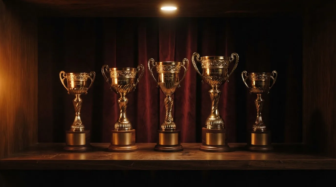 Una fila de trofeos dorados desenfocados sobre una repisa, con luz cálida de fondo en un ambiente elegante.