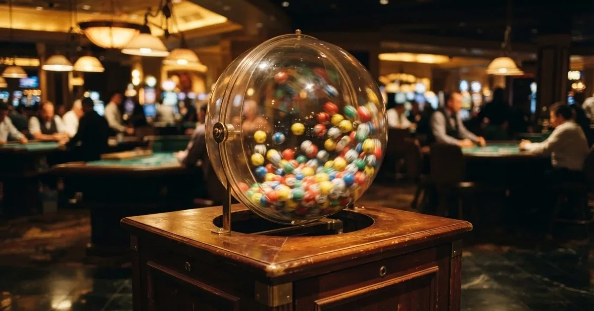 Un bombo giratorio con bolas de colores mezclándose dentro de una máquina de sorteo transparente, en un salón de juego iluminado.