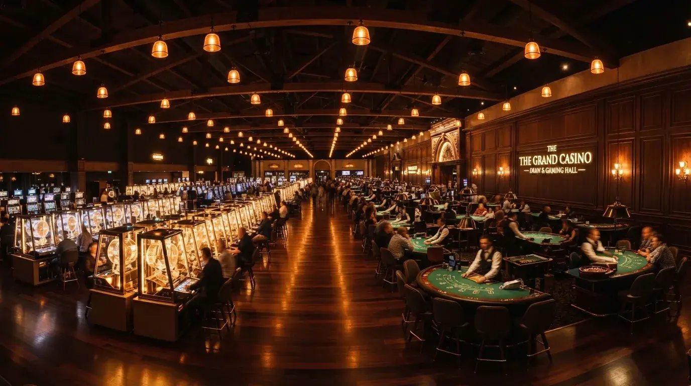 Vista panorámica de un salón de juego amplio con varias máquinas de sorteo y mesas distribuidas bajo luces cálidas.