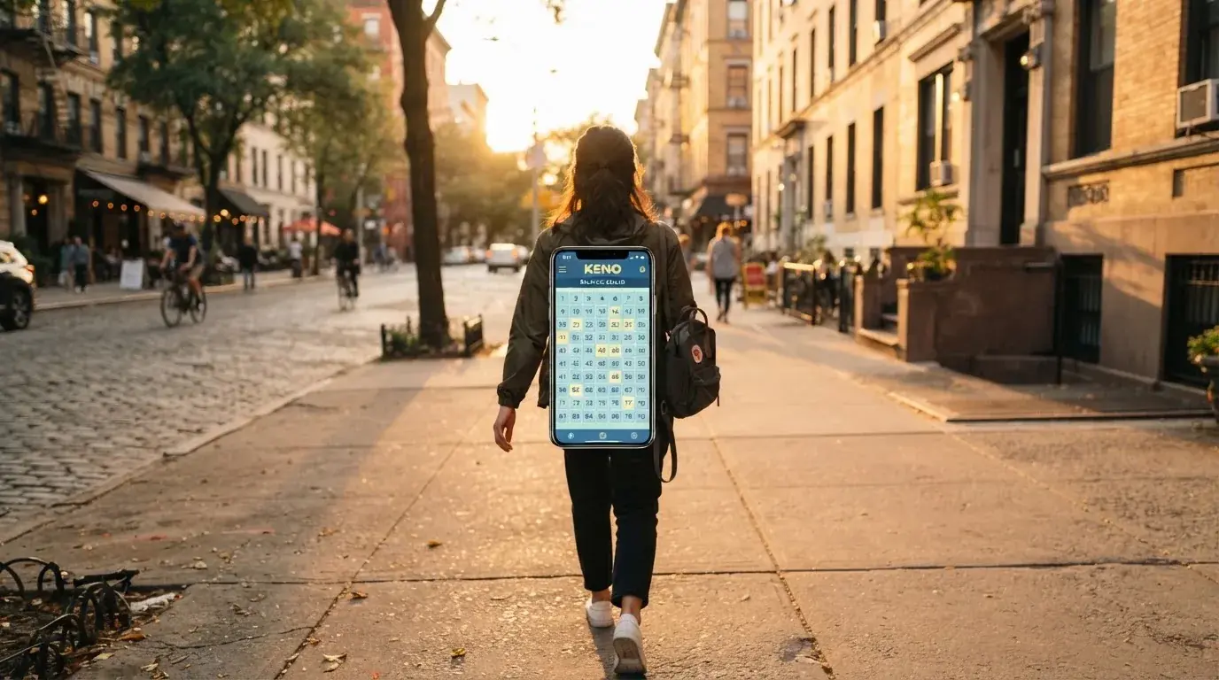 Una persona sostiene un teléfono móvil con ambas manos mientras camina por una calle urbana iluminada al atardecer.